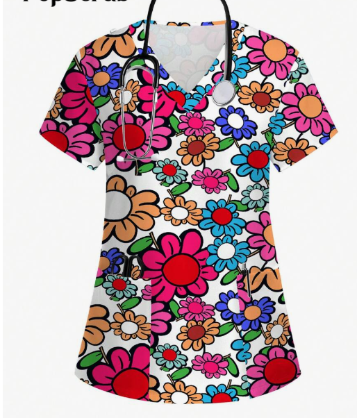 Plus Size Women's Vibrant Print Scrub Top Casual V-Neck Short Sleeve
