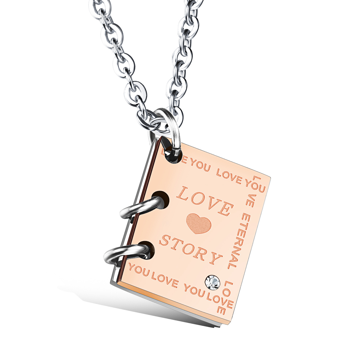 Love story book titanium steel couple necklace (silver)