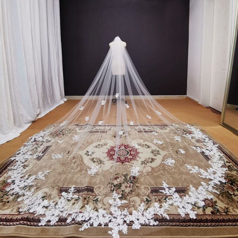 Bridal Wedding Veil Long Cathedral With Comb Embroidery Applique — image 1