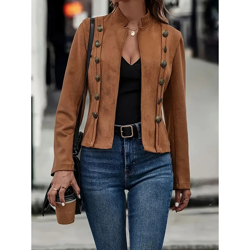 Women's Faux Suede Blazer - Long Sleeve Notch Lapel Open Front Jacket, Casual Business Office Blazer - Dark Khaki