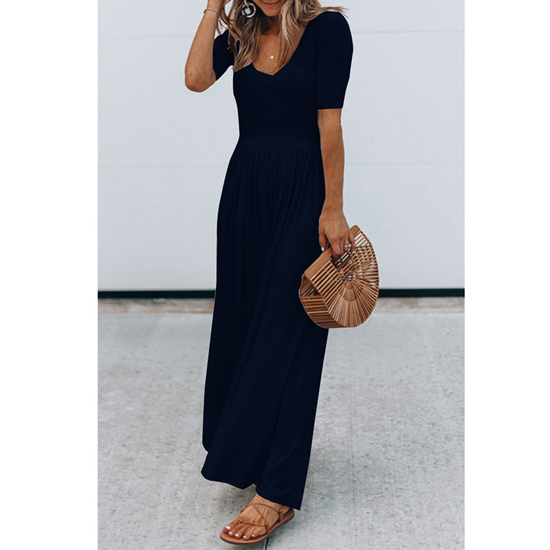 New Round Neck Short Sleeve Long Jumpsuit Navy Blue - Shop at LoveMi