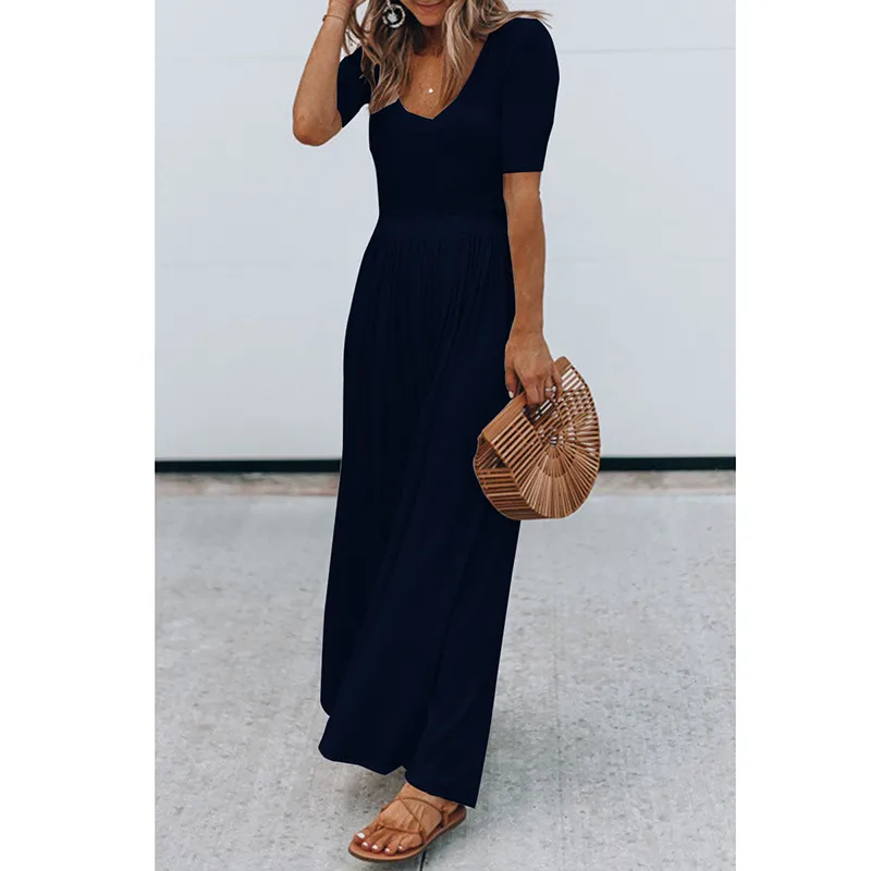 New Round Neck Short Sleeve Long Jumpsuit - Navy Blue
