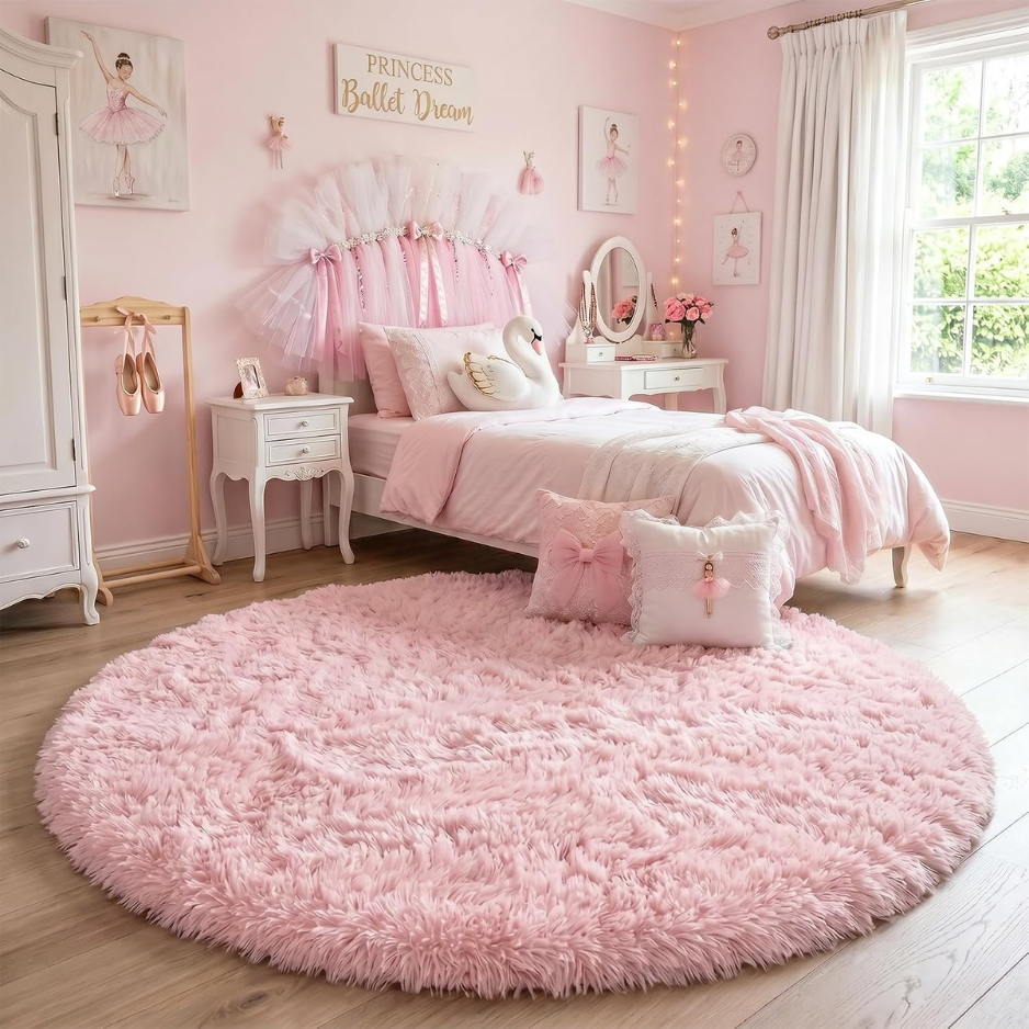 Circle Round Fluffy Area Rug 4Ft For Girls Bedroom Kids Room
