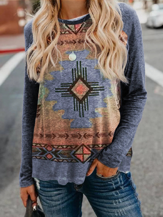 Casual Round Neck Retro Ethnic Print Long Sleeves