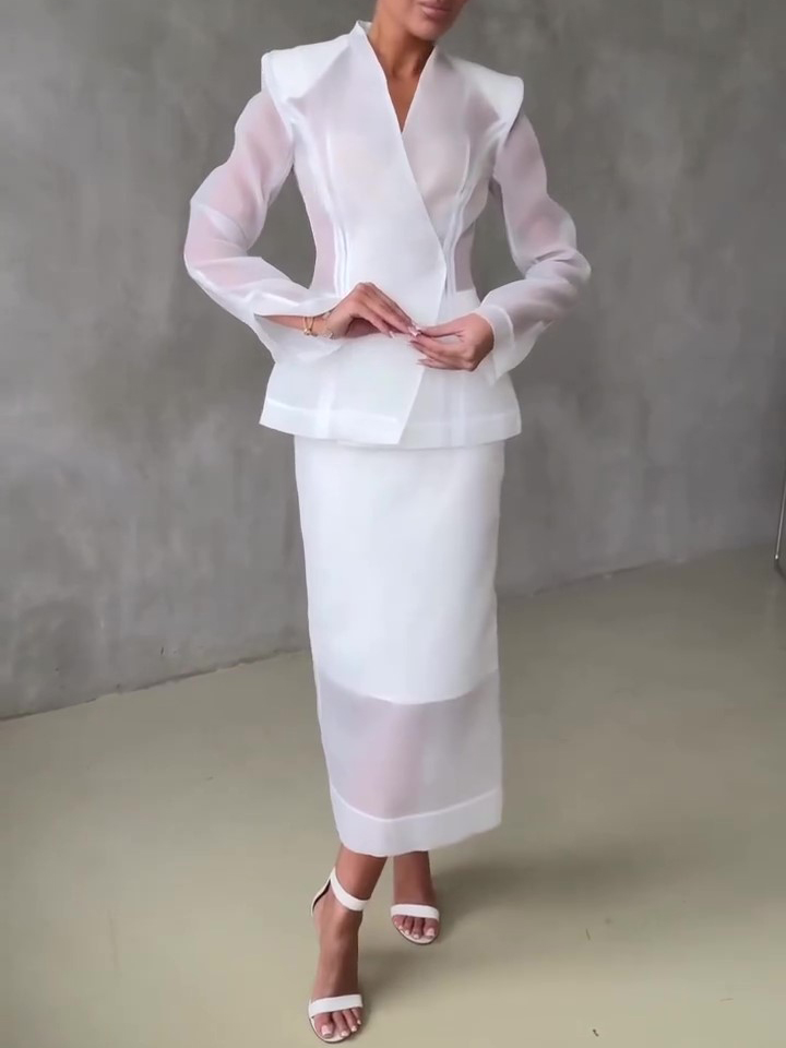 White Organza Tailored Blazer & Sheer Midi Skirt 2-Piece Set