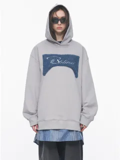 Sherpa Embroidered Loose Vintage Oversized Hooded Sweatshirt - Grey - View 1