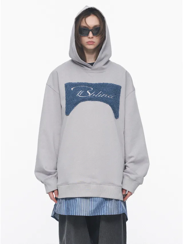 Sherpa Embroidered Loose Vintage Oversized Hooded Sweatshirt Grey - Shop at LoveMi