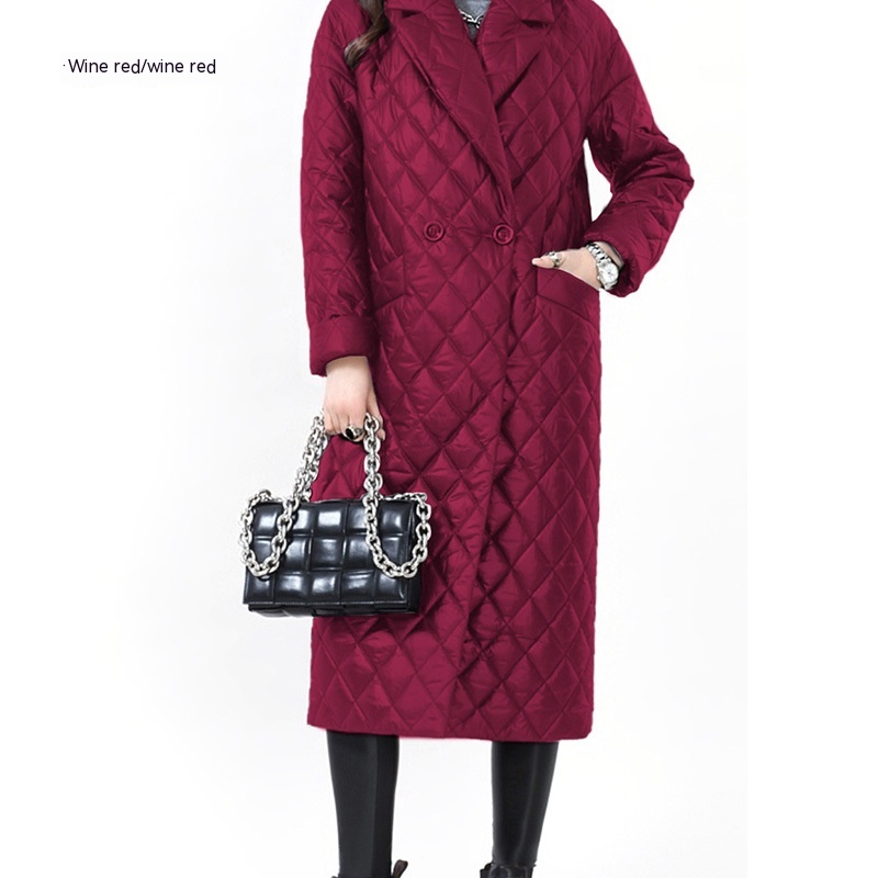 Women's Long Thin Coat Lapel Cotton padded Coat Wine - Shop at LoveMi