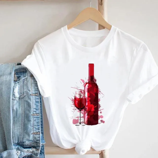 Women's Round Neck Fashion Goblet Print T Shirt Top White - Shop at LoveMi