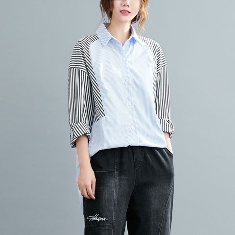 Title 9, Plus Fat Striped Stitching Shirt Fat MM Plus Size