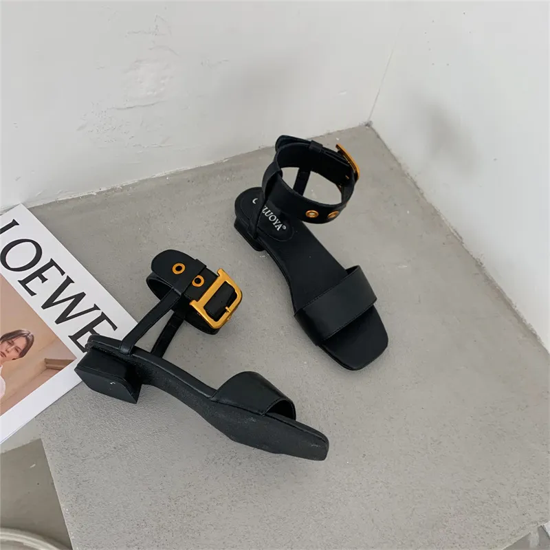 Chunky Heel Open Toe Leather Belt Big Gold Buckle Sandals - Black