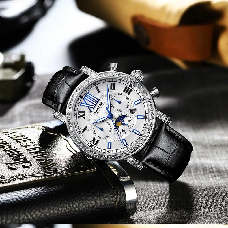 Detailed frontal view of the mechanical watch dial