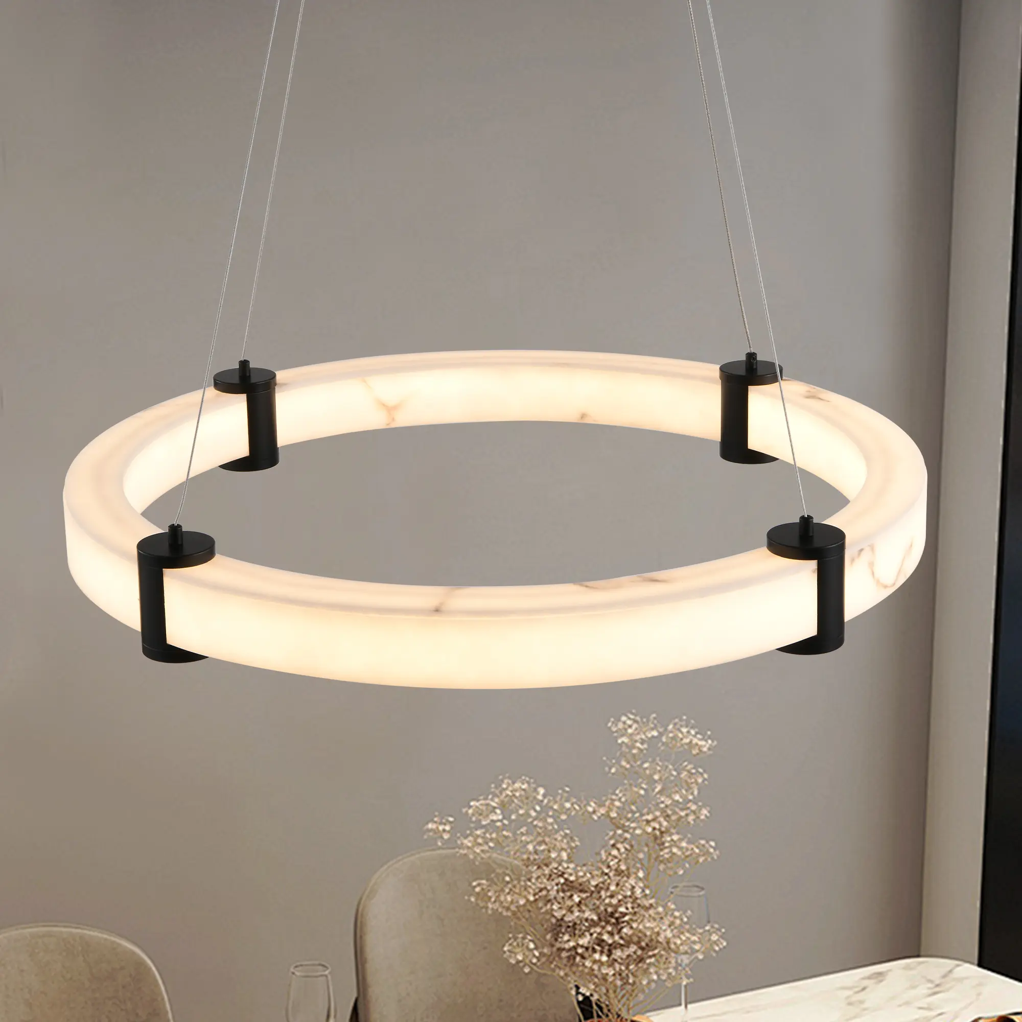 Modern LED Pendant Light, 24-Inch Round Hanging Chandelier With Adjustable Height, Marble Finish Resin Ring Ceiling Light For Dining Room, Kitchen Island, Livin