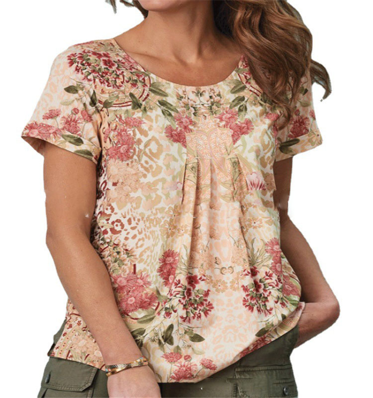 Title 2, Fashion Loose Print Round Neck Short Sleeves