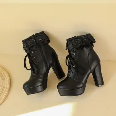 Autumn And Winter Lace Up Women's Thick Heel Lace Fashion Boots - Black - View 1