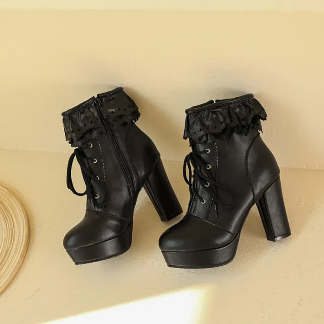 Autumn And Winter Lace Up Women's Thick Heel Lace Fashion Boots Black - Shop at LoveMi