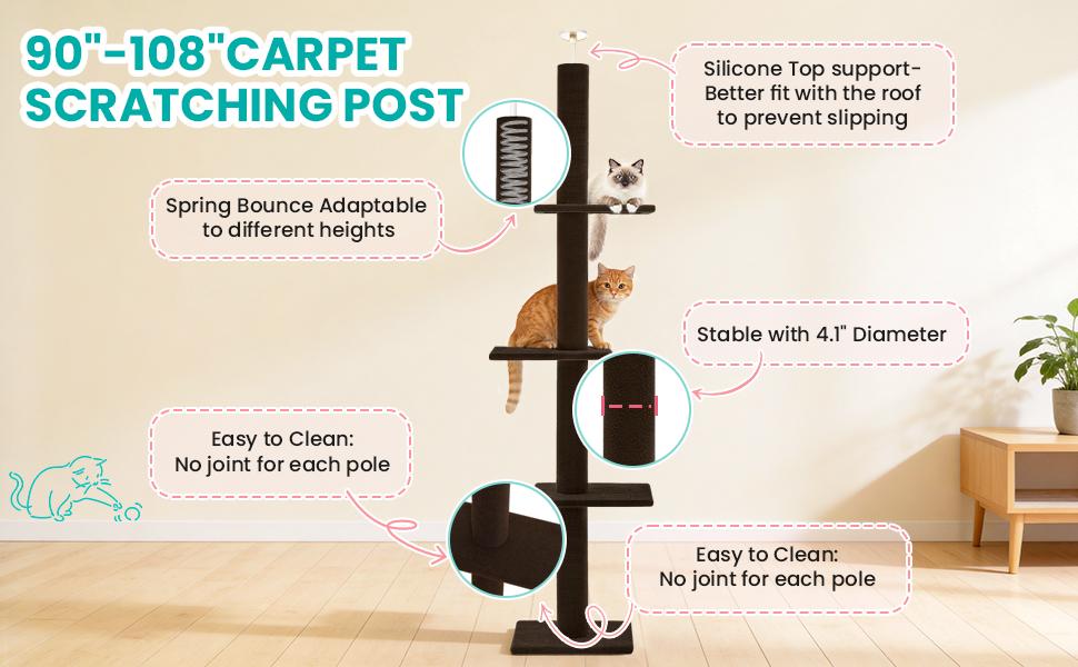 Max & Marlow Cat Tree  Floor-to-Ceiling Adjustable Height, Featuring Carpeted Scratching Posts And Cushioned Platforms For Indoor Cats Pink,Pickup Only