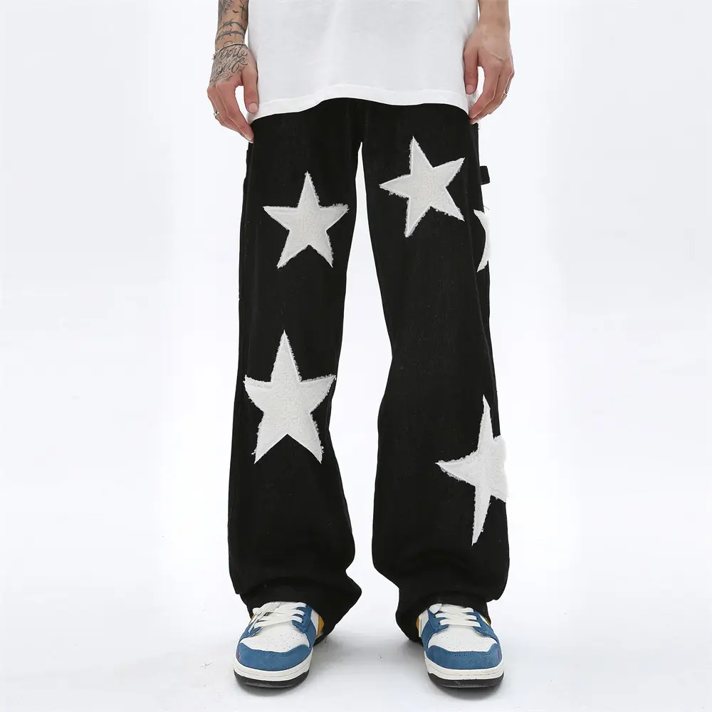 Five Pointed Star Flocking Embroidered Jeans for Men