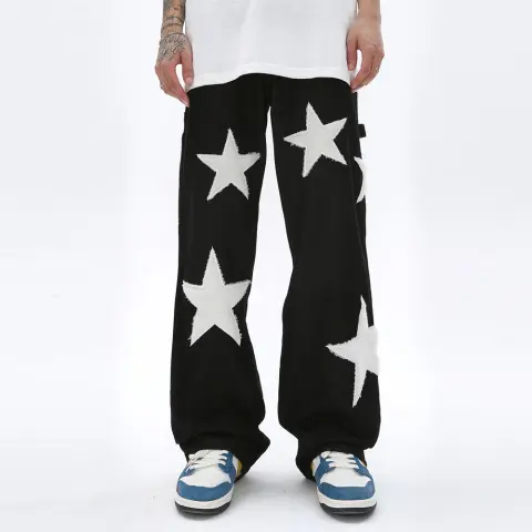 Five Pointed Star Flocking Embroidered Jeans for Men