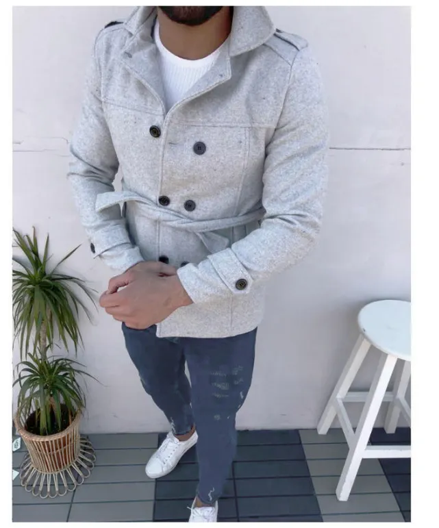 Men's Belt Long Sleeve Woolen Coat