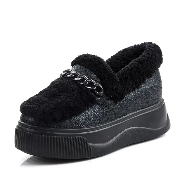 Thick soled Snow Boots Winter Sports Plus Velvet Warm Leather Real Wool Cotton Shoes Black - Shop at LoveMi