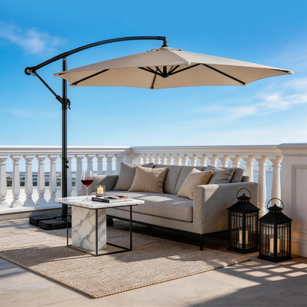 10FT Round Offset Patio Umbrella, Banana Hanging Cantilever Umbrella With Adjustable Angle, Crank System, Cross Base & Pole Sleeve, UPF Waterproof Polyester Canopy