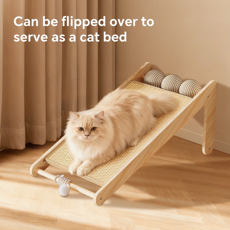 Large Vertical Sisal Cat Scratcher With Balls, Wooden Frame -Sisal Scratching Surface, Hanging Teaser Ball-Sisal Balls, Cat Claw Care & Play Toy