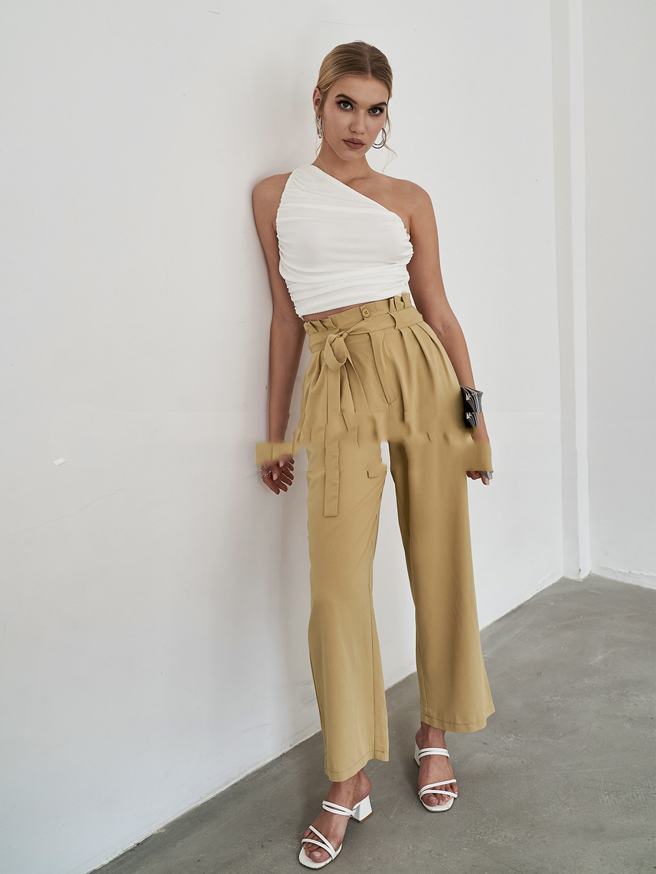 Title 4, High Waist Straight Tube Trousers Cotton Beltle...