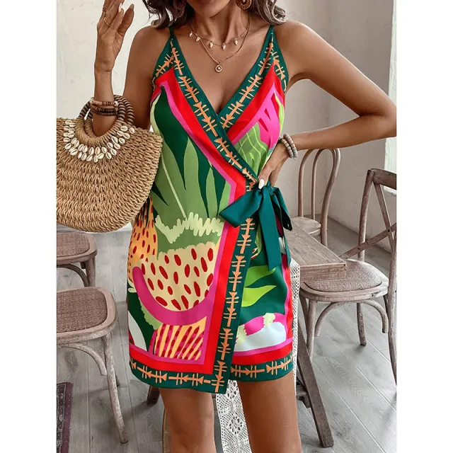 Women Spaghetti Strap Summer Dress V Neck Wrap Waist Tie Casual Beach Sundress Holiday Vacation Mini Dress Watermelon Green - Shop at LoveMi