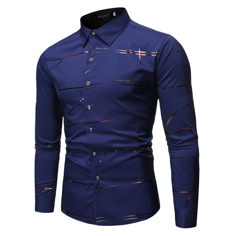 Fashion Henry Collar Design Shirt Line Bronzing Printing Long-sleeved Shirt For Men