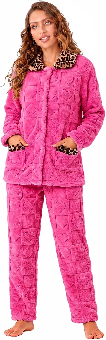 RONGTAI Leopard Button Down Pajama Set Long Sleeve Plush Fleece PJs — image 10