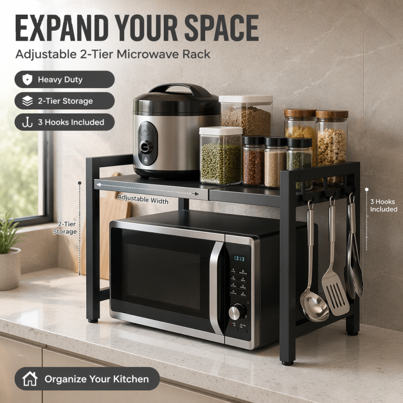 Black Single-layer Double Bar With 6 Hooks And Extendable Kitchen Storage Rack