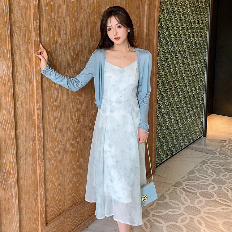 Blue Printed Halter Dress With Chiffon Waistband