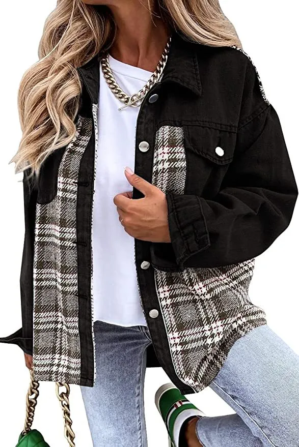 Denim Jacket Long Sleeve Plaid Button Down Shirt - Black