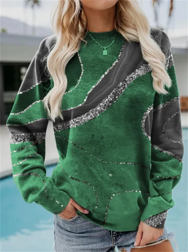 Women's Casual Geometric Loose Print Long Sleeve Round Neck Sweater Green - Shop at LoveMi