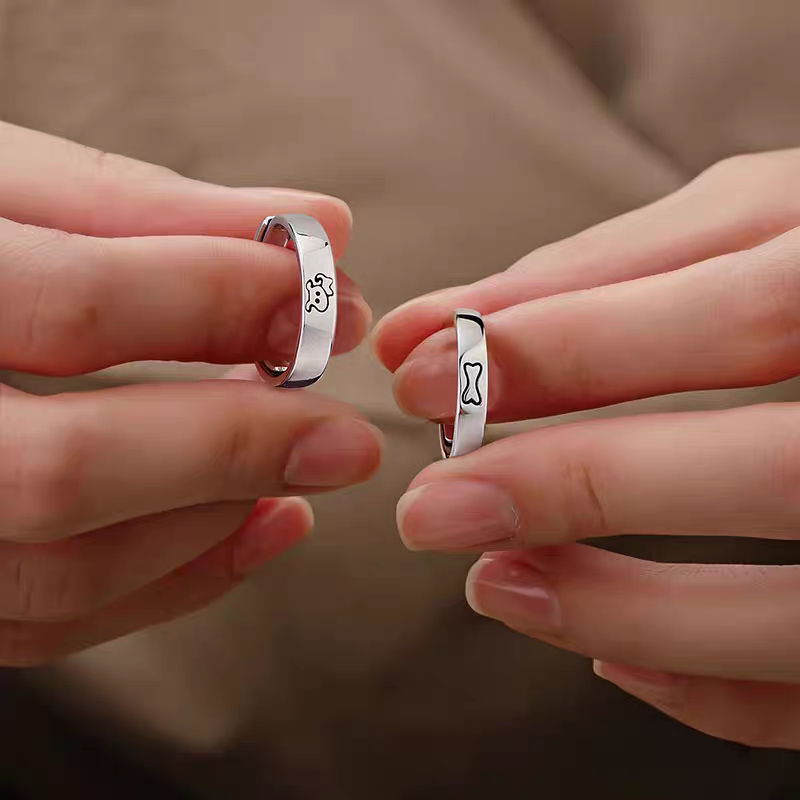 1 Pair 999 Sterling Silver Dog & Bone Couple Rings, Cute Adjustable Promise Rings, Ideal Valentine's Day Gift For Lovers