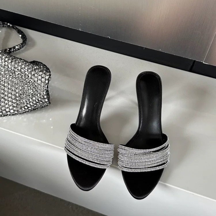 French Style Slim Heels, High Heels, Women's Rhinestones, Straight Strap Sandals, Cool Slippers, Sexy Open Toed Sandals For Wearing Outside