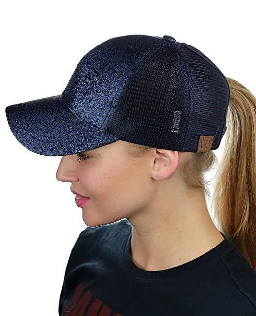 Sequin Fluorescent Baseball Cap Back Opening Ponytail Glitter Net Navy Blue - Shop at LoveMi