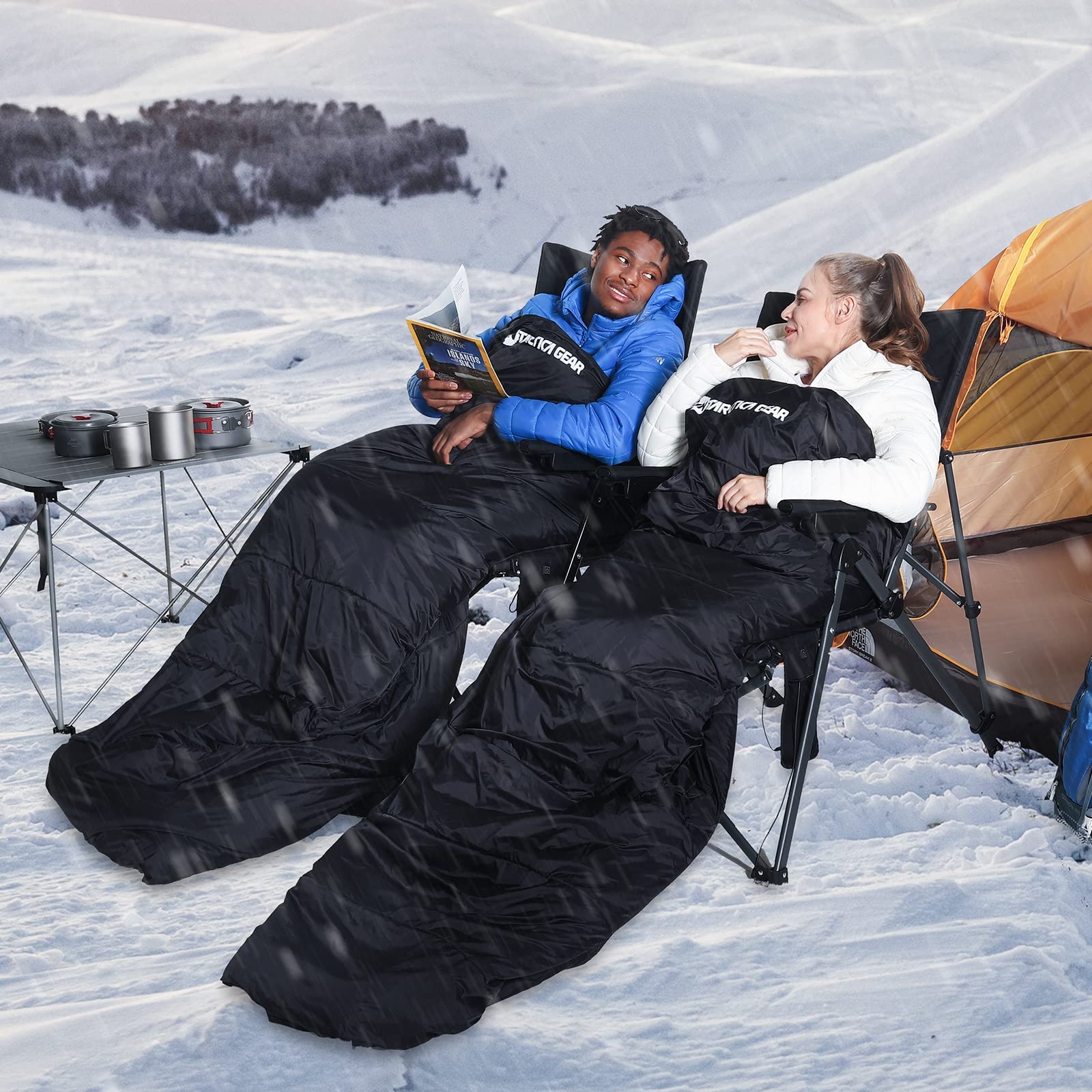 heated sleeping bag with adjustable heat levels nylon lightweight and roomy 75x3ft large size which can fit a person up to 68 feet tall with cozy brushed pongee lining and an anti-snag durable zipper the antarctica gear will keep you warm all season long 