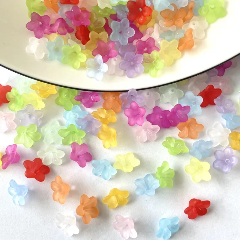 Matte Acrylic 5-Petal Blossom Beads, Translucent Center-Drilled