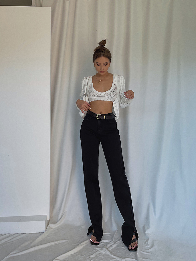 Side Slit High waisted Straight leg Loose Drape Trousers Black - Shop at LoveMi