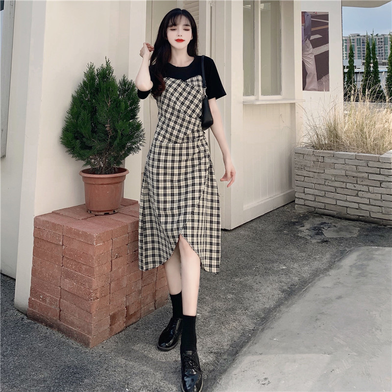 Splicing Plaid Short Sleeve Dress Female Summer