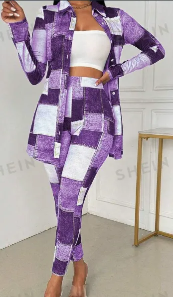 Women's Shirt Collar Long Sleeve Knit Denim Effect Top And Pants Set Purple - Shop at LoveMi