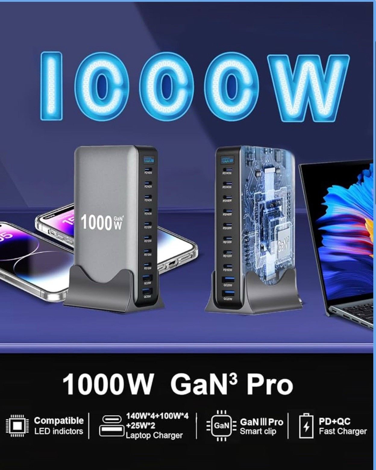 GaN1000W 10Ports Fast Charging Station USB&Type-C For  Laptops  MacBook