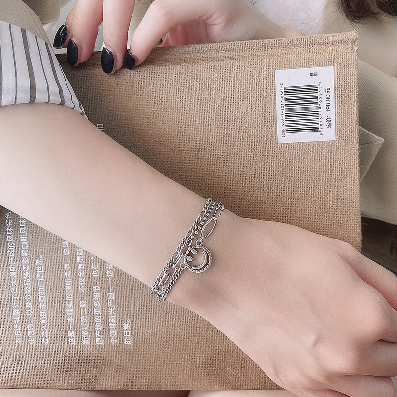 Creative Geometric Stitching Multi-layer Smiley Face Bracelet In Sterling Silver