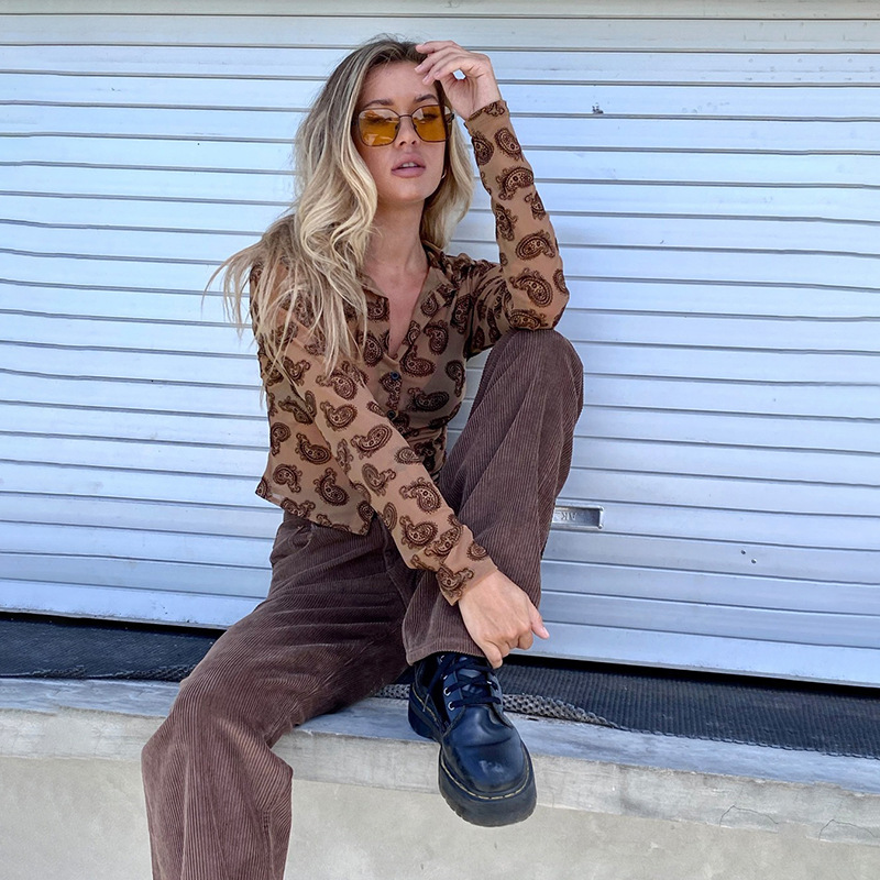 Single Breasted Lapel Cardigan Fashion Print Temperament Slim Fashion T-shirt