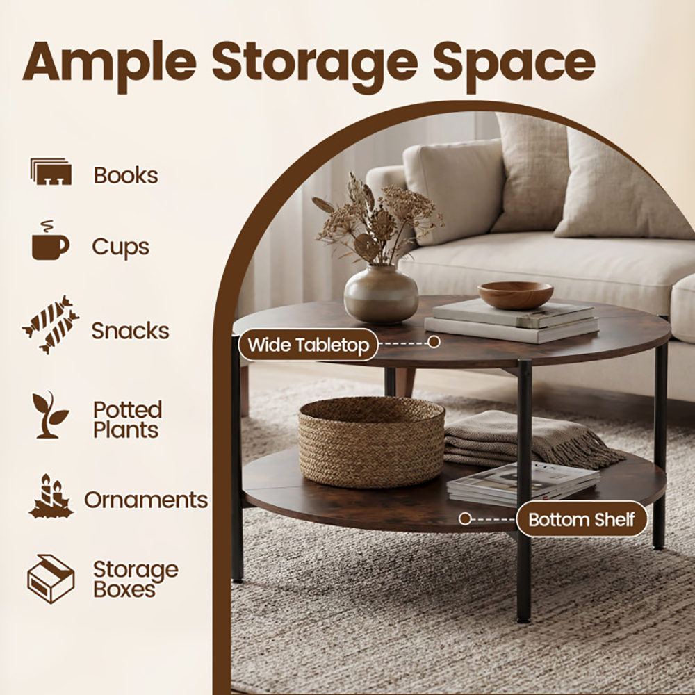 Round Coffee Table 2-Tier Industrial Accent Table With Open Storage Shelf With Adjustable Foot Pads For Apartments And Compact Spaces