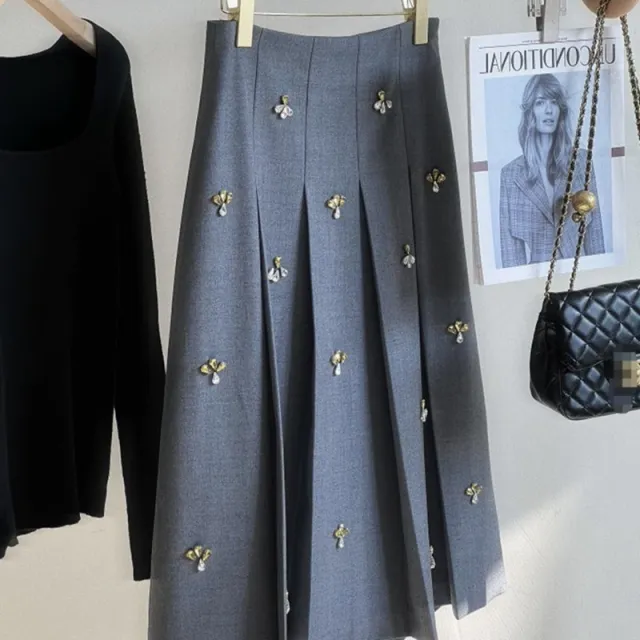 Luxury College Style Niche Designer Cut Label Early Heavy Industry Rhinestone Pleated Skirt Gray - Shop at LoveMi