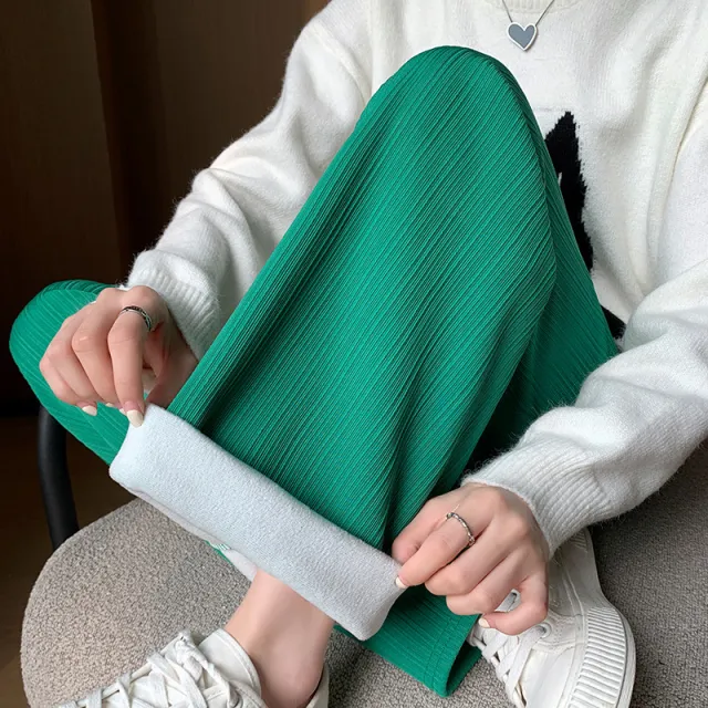 Narrow Vertical Striped Velvet Wide leg Pants For Women Autumn And Winter New Loose Slim High Waist Drape Straight Casual Pants Green - Shop at LoveMi