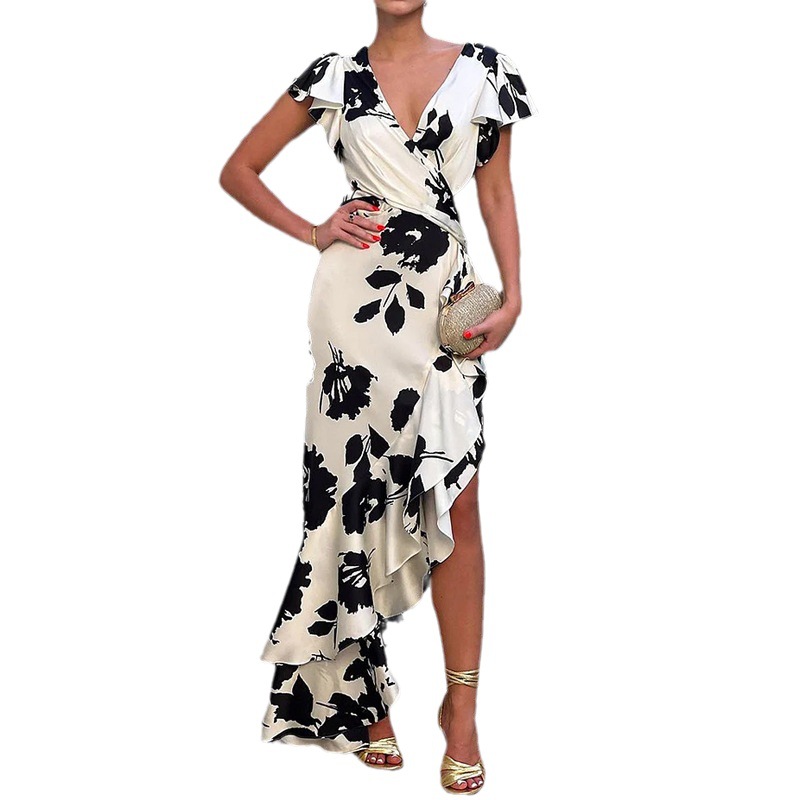 Women's Fashionable V-neck Midriff Outfit Short-sleeved Elegant Dress